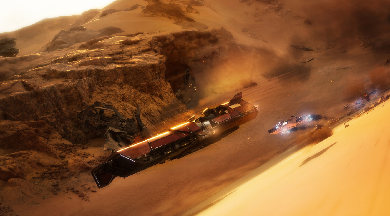 Star Wars: Galactic Racer gameplay showing high-speed vehicles racing through the desert