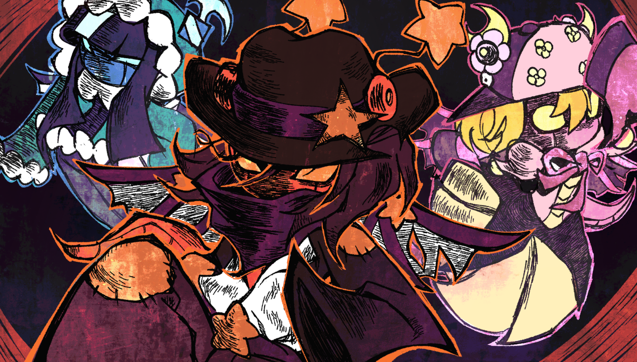Stylized DRACOMATON character artwork featuring hooded, masked figures against a dark purple palette — illustration for the Gun Jumpers game review
