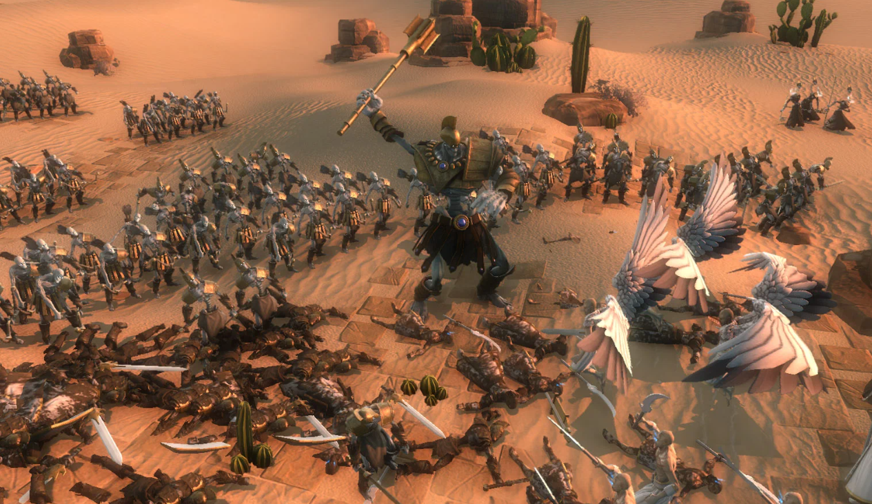 Tactical battle between a skeleton army and winged creatures in a desert setting from Age of Wonders III — illustrating the game's dedicated tactical combat system