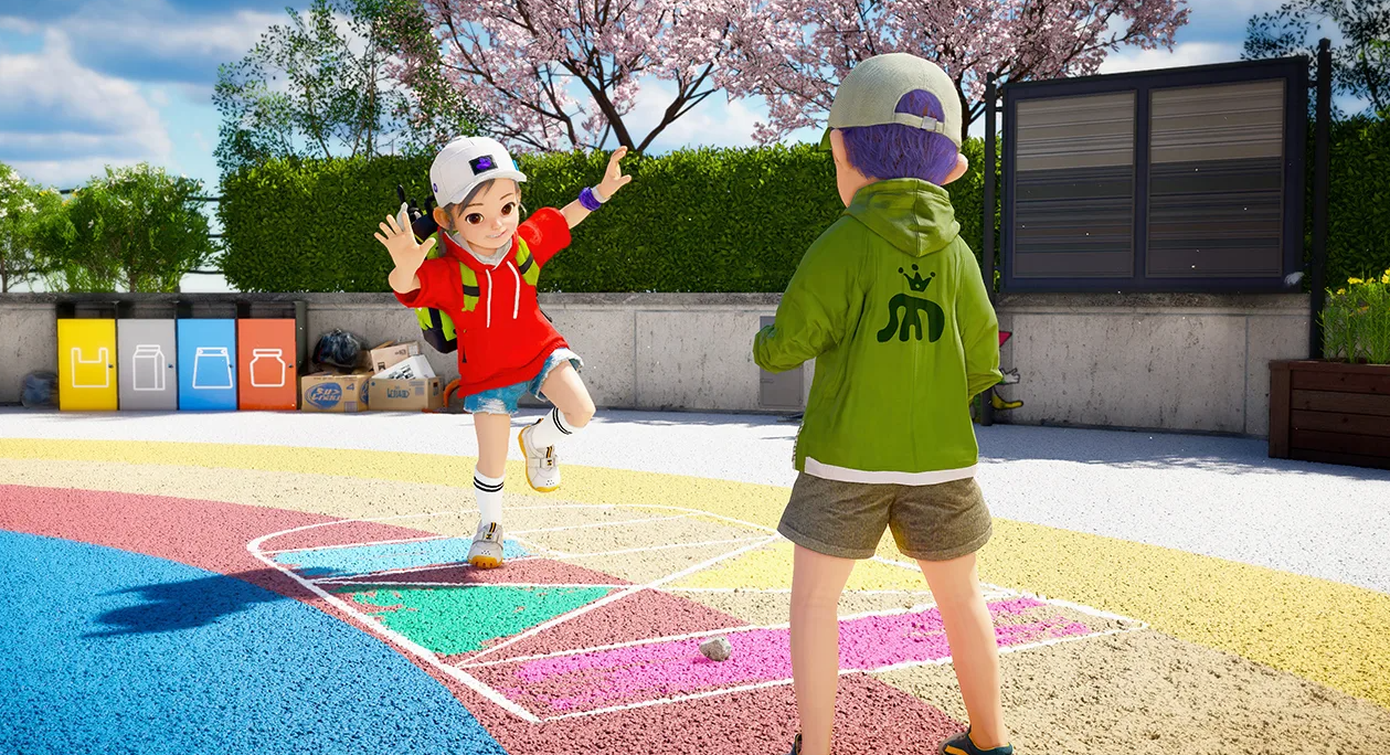 Two characters on a colorful playground with cherry blossom trees and recycling bins — scene from DokeV, illustrating article on Pearl Abyss resuming development of the game