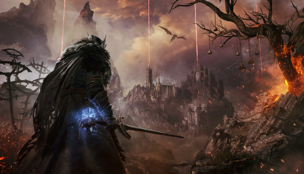 Warrior with a sword and a glowing blue artifact overlooking a gothic castle amid mountains under a crimson sunset — atmospheric Lords of the Fallen scene