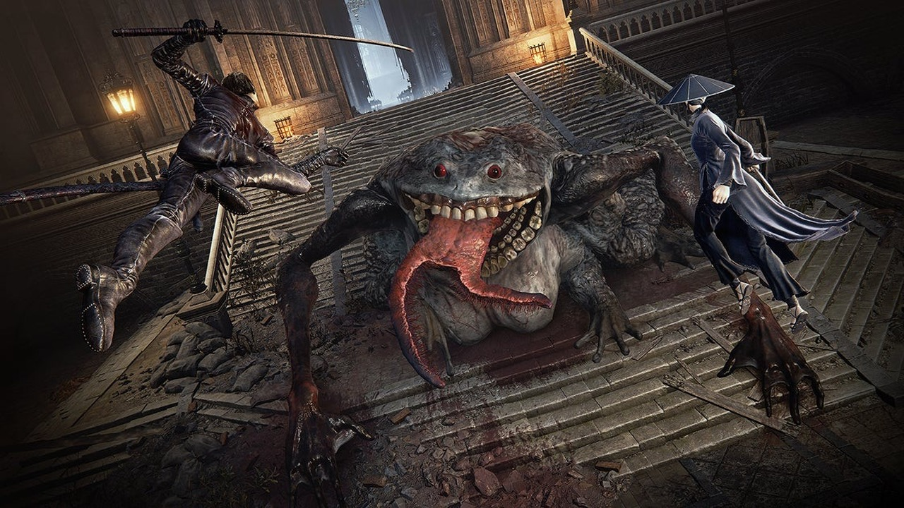 Two hunters attack a large creature in The Duskbloods