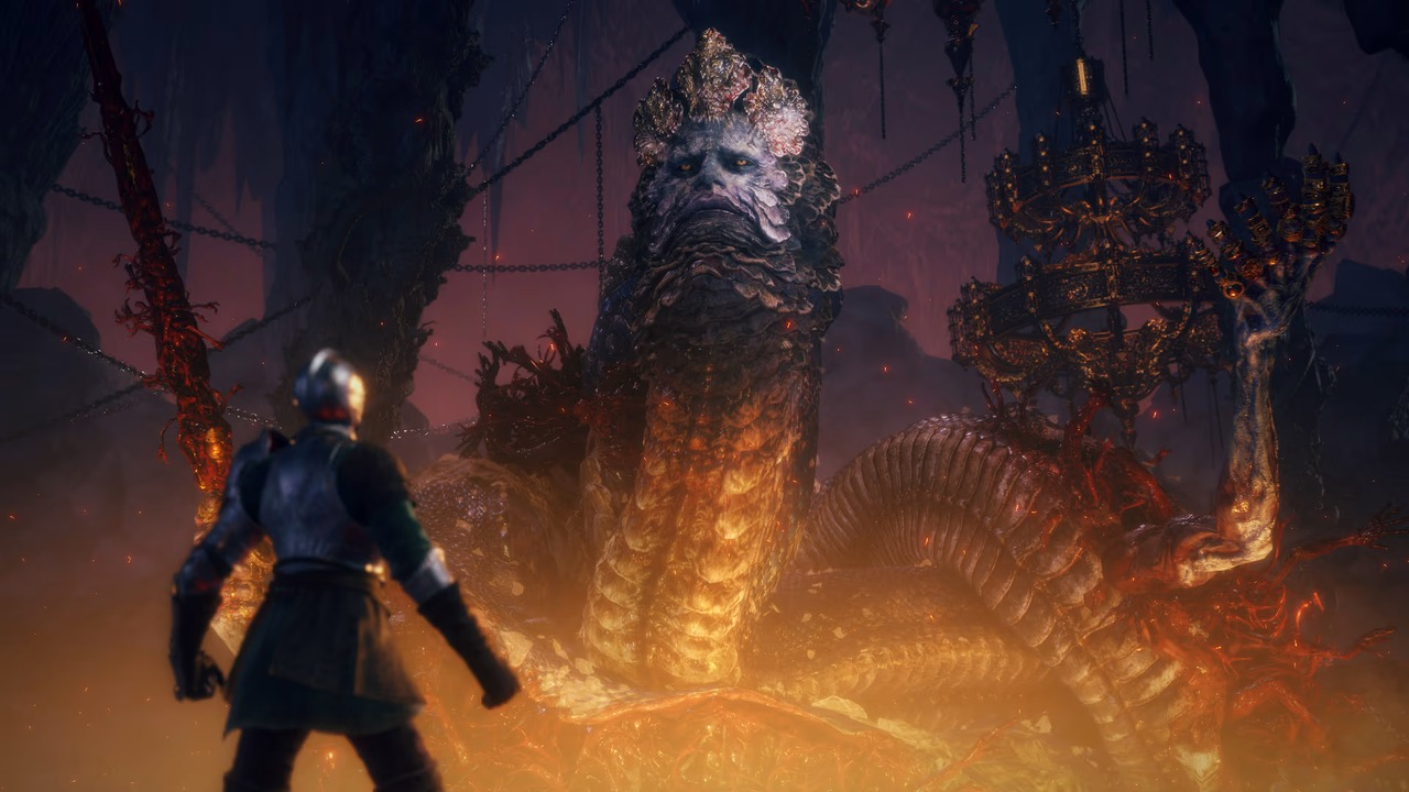 An Elden Ring character faces a large enemy