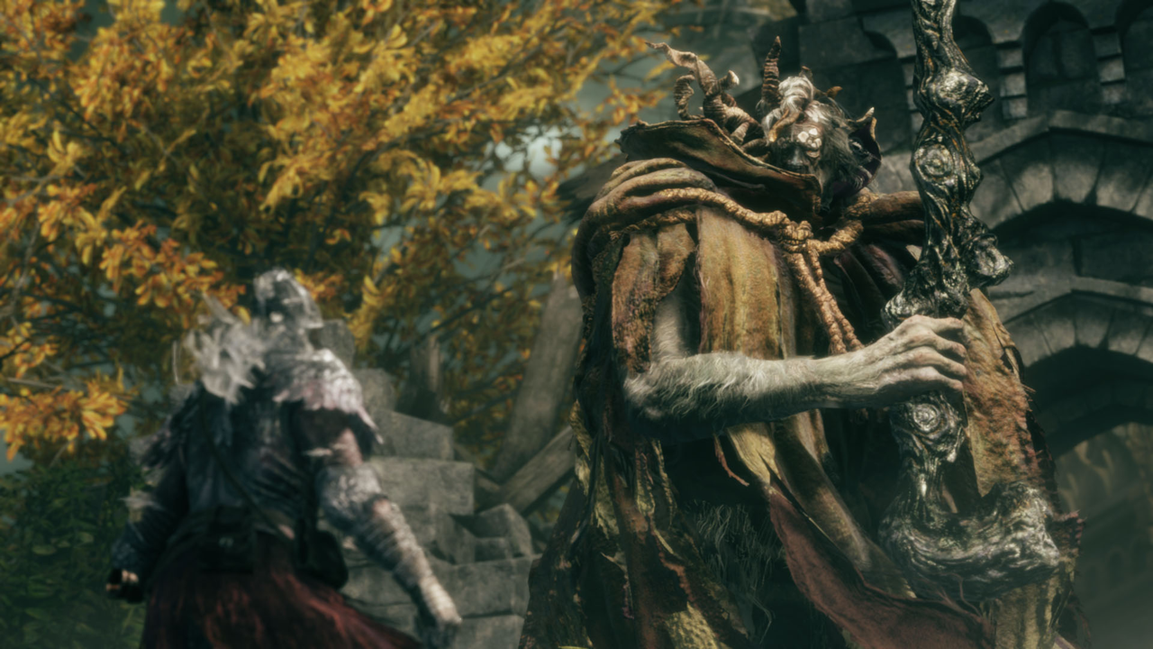 An Elden Ring player approaches a large enemy