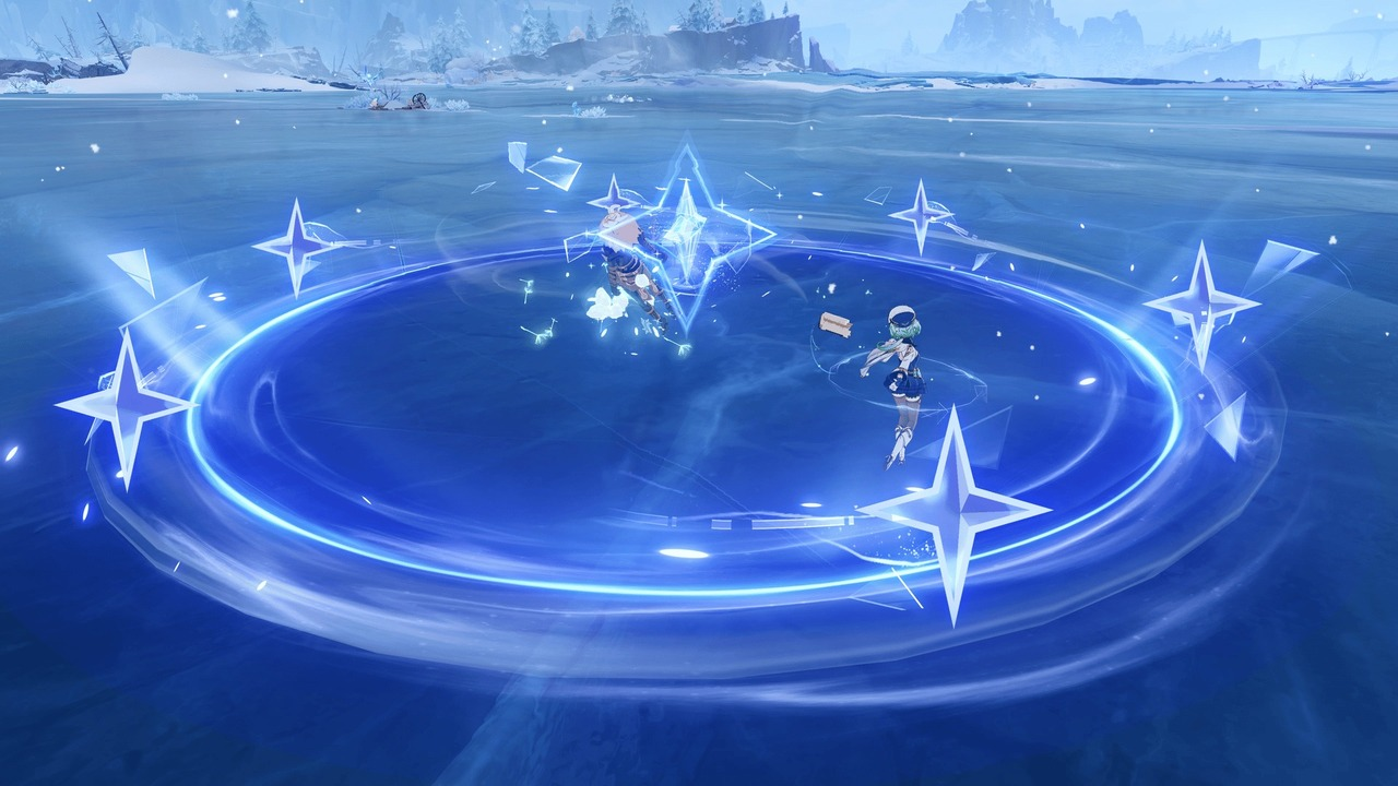 Genshin Impact characters gather around a circular arena