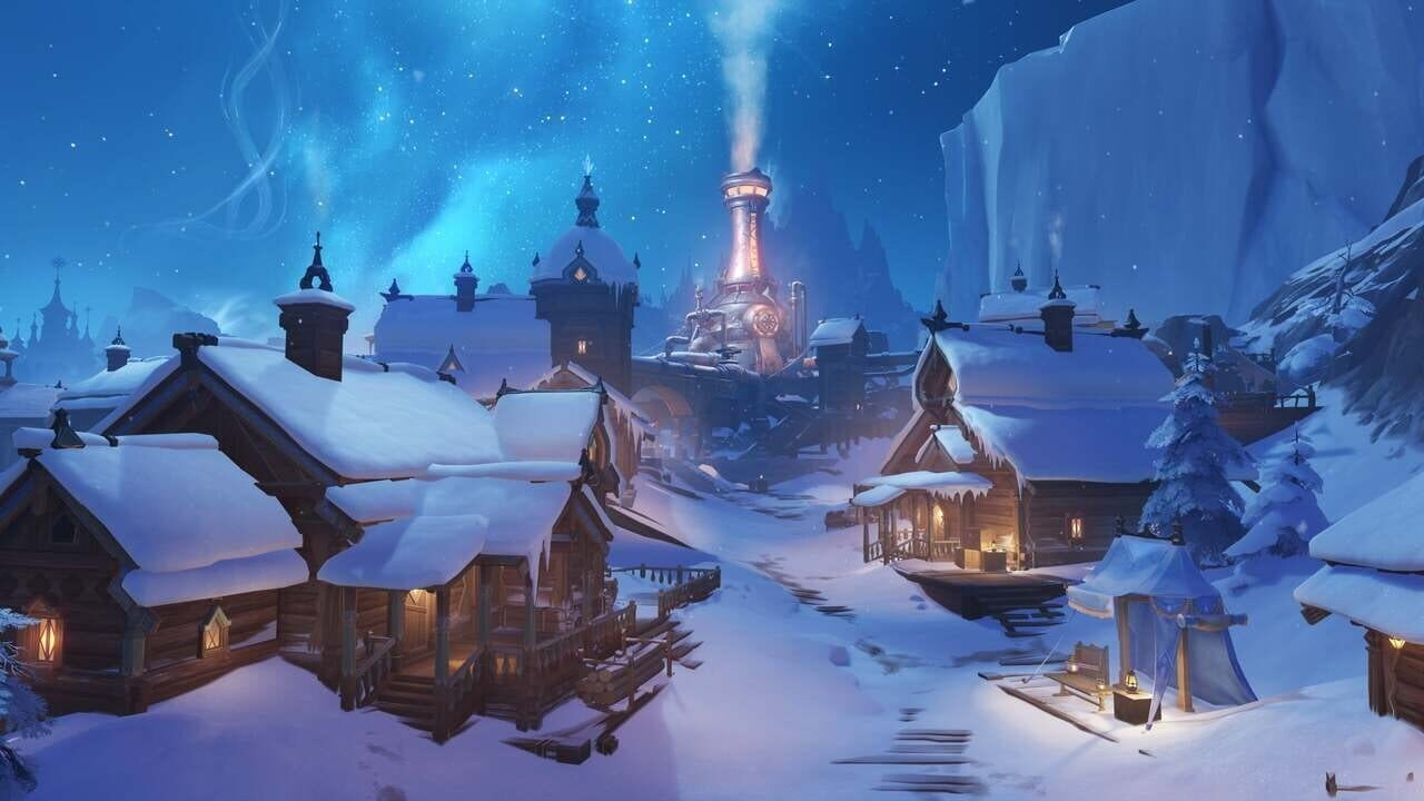 Snow-covered houses and cliffs form a Snezhnaya settlement