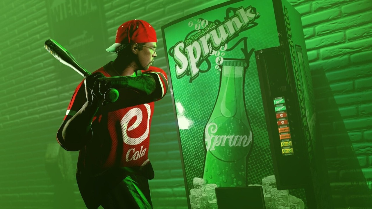 A GTA Online character wears green Sprunk clothing