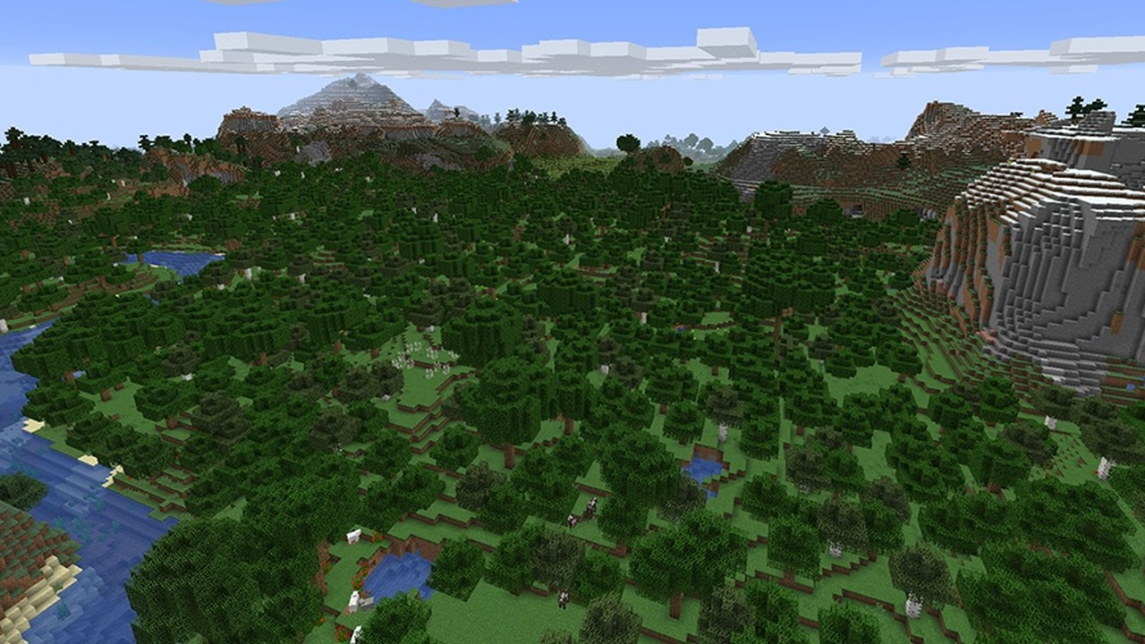 A wide Minecraft forest and river landscape
