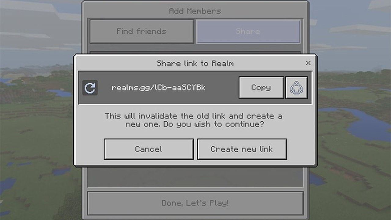Minecraft Realms invite link screen