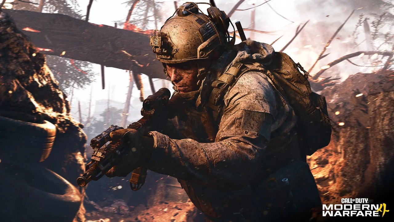 A soldier advances through a burning forest in Modern Warfare 4