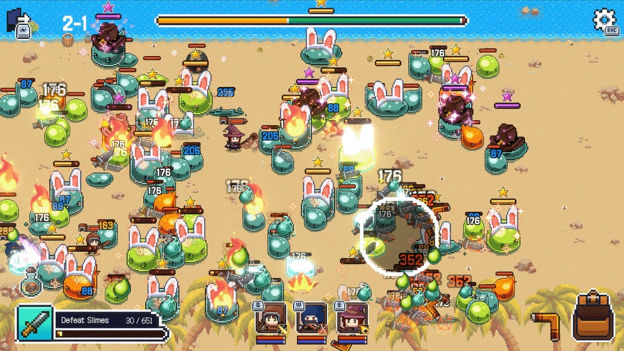 The No More Slimes interface shows a combat encounter