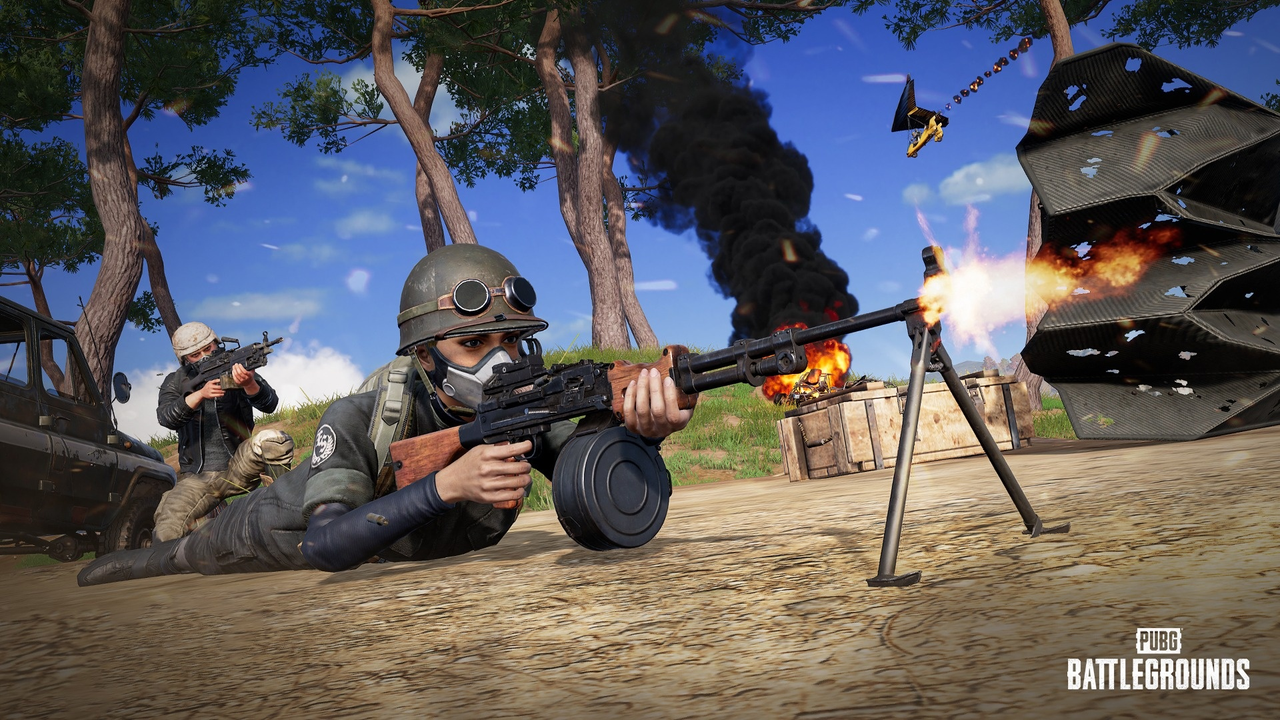 A PUBG player uses a light machine gun during a match