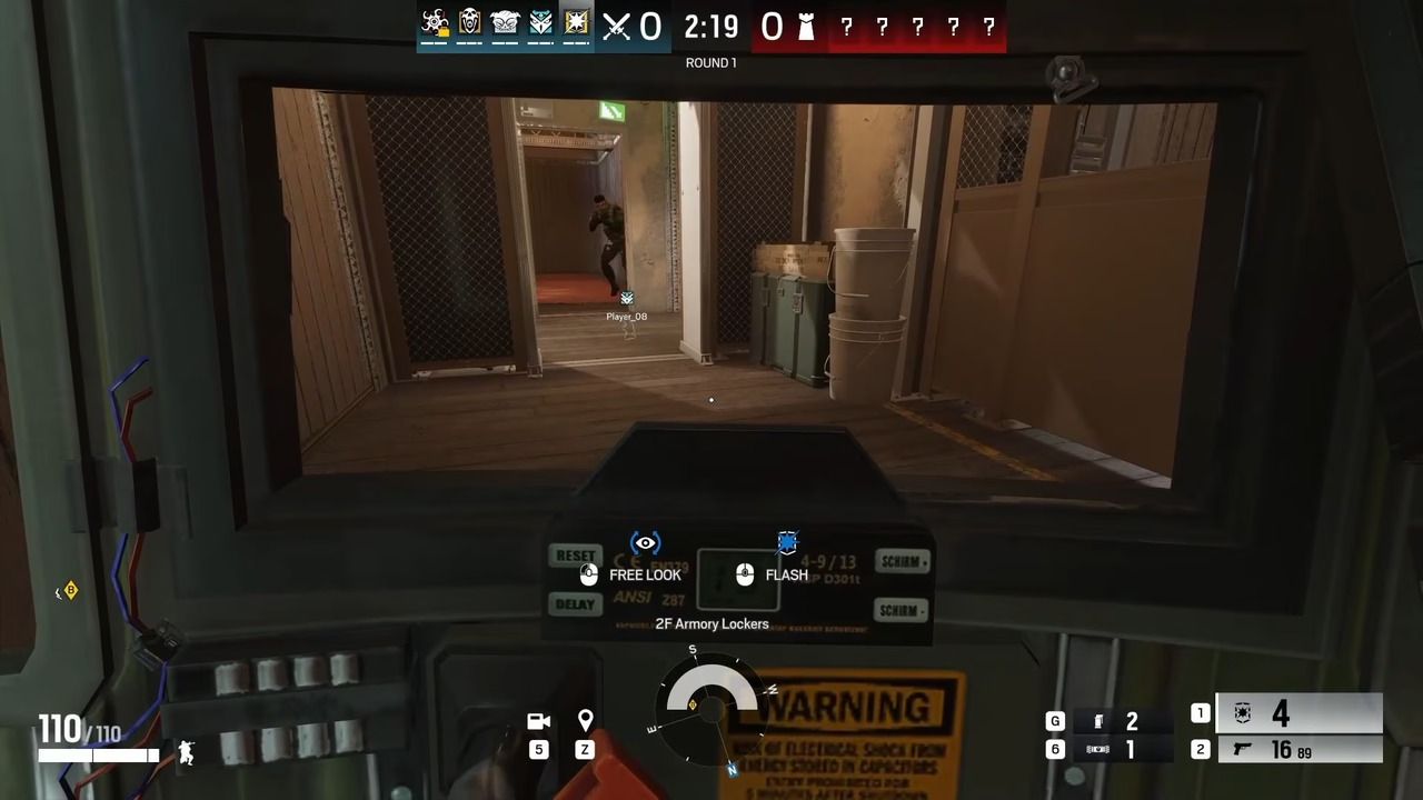 A Rainbow Six Siege player watches a doorway