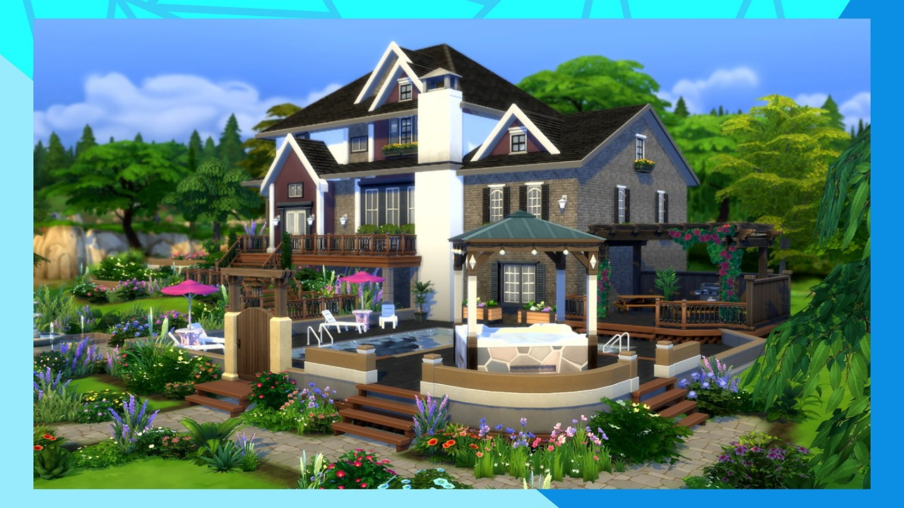 A modern house beside a lake in The Sims 4
