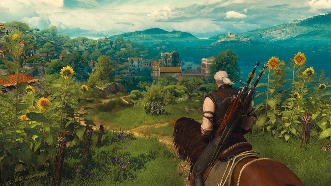 Geralt rides through a bright landscape in The Witcher 3