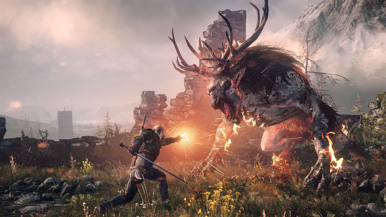 Geralt fights a large monster in The Witcher 3