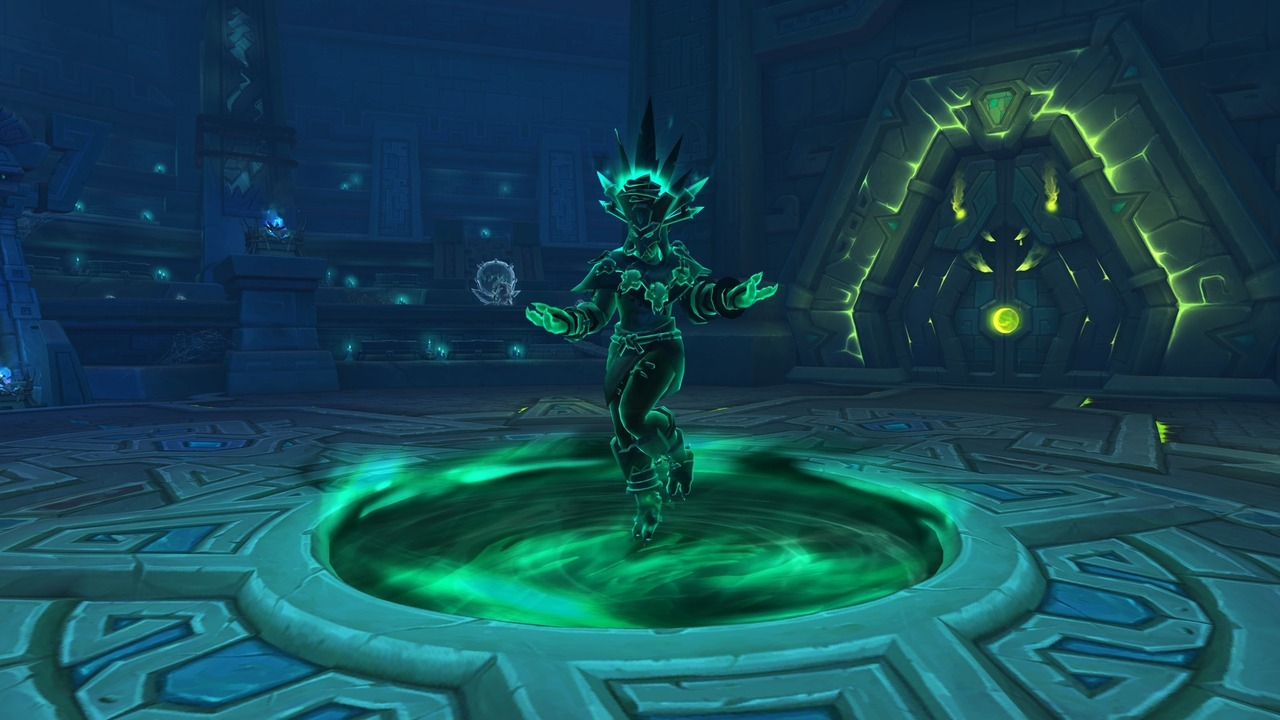 A World of Warcraft character stands inside a fel chamber