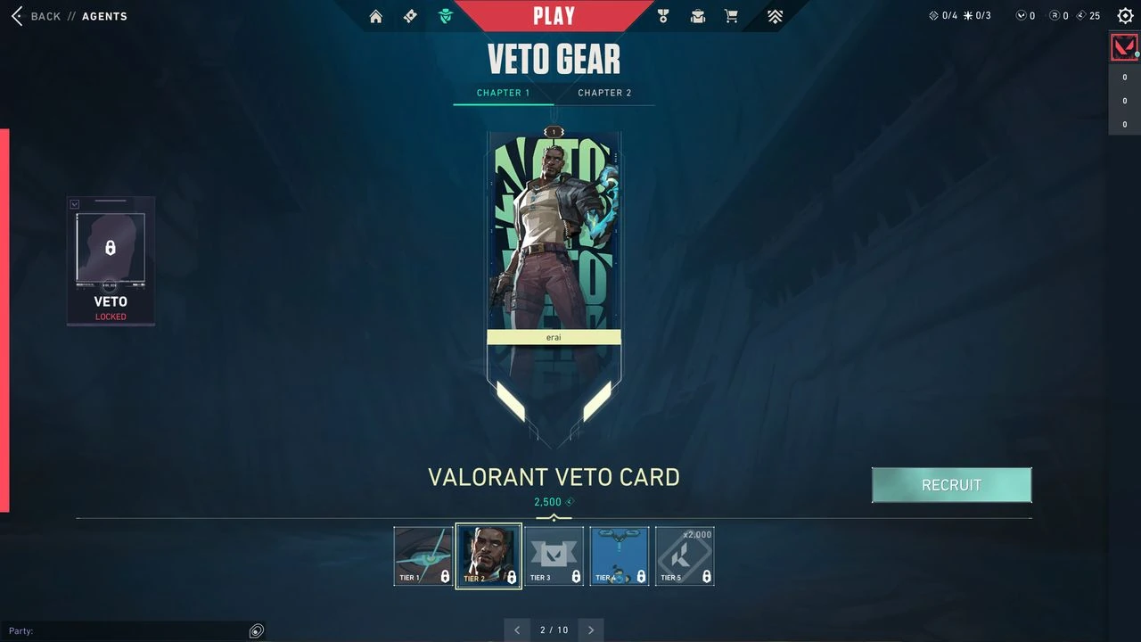 Veto's player card in the earlier Agent Gear interface, before the announced 13.06 revision.
