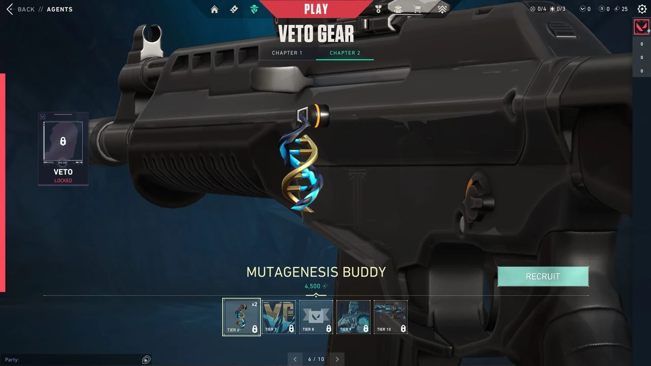 The Mutagenesis weapon buddy is one of Veto's gear items. This screenshot shows the earlier menu.