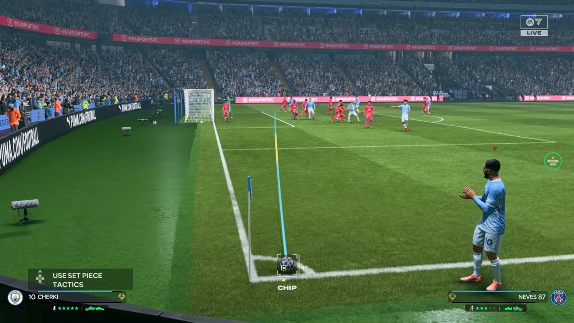 EA Sports FC 27 match gameplay with a player setting up a corner kick