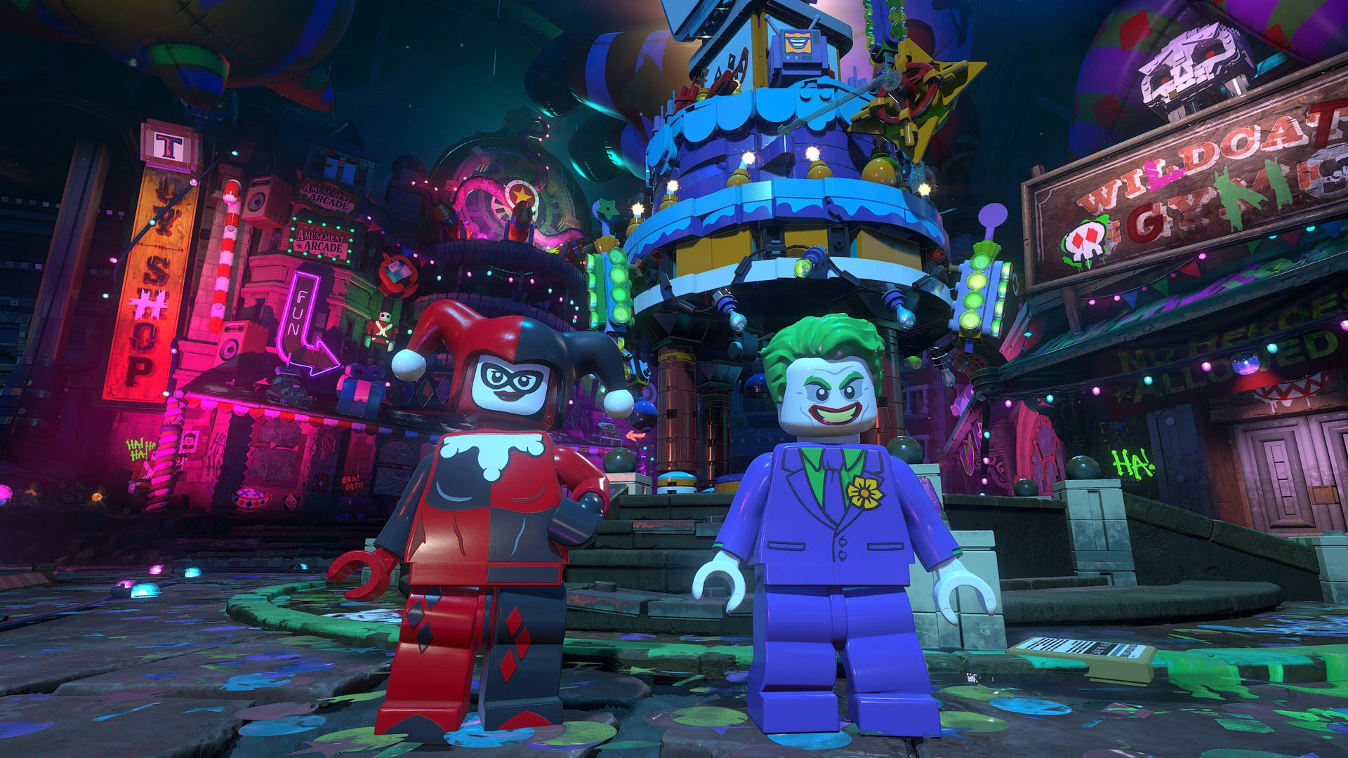 Joker and Harley Quinn together in LEGO Batman's Mayhem setting