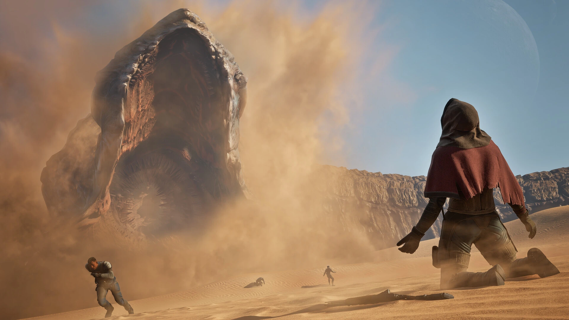 A sandworm rising from the desert in Dune: Awakening