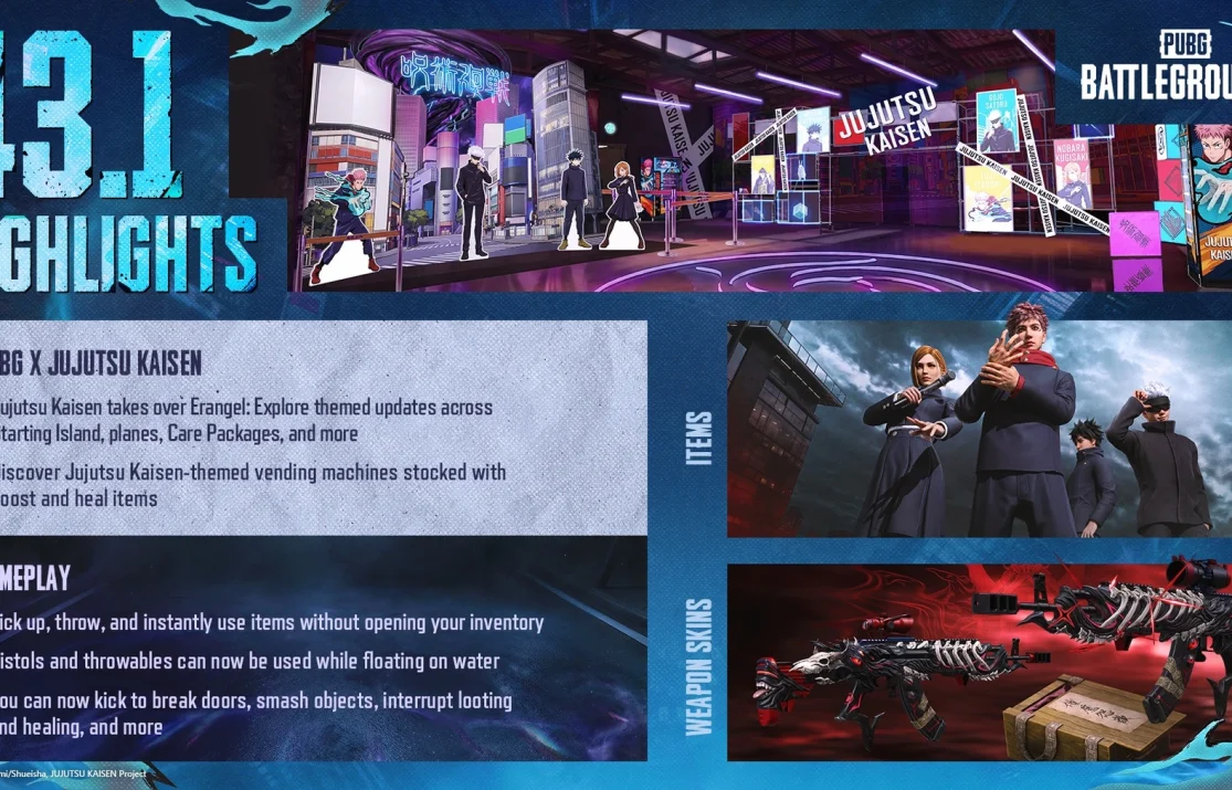 PUBG Update 43.1 adds Jujutsu Kaisen content and improves console hit detection