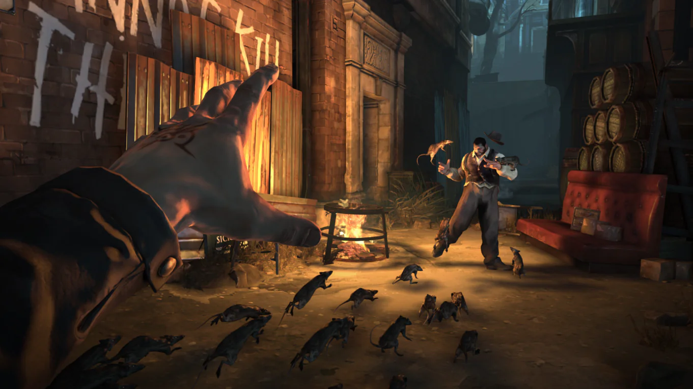 Dishonored hand and enemy with rats