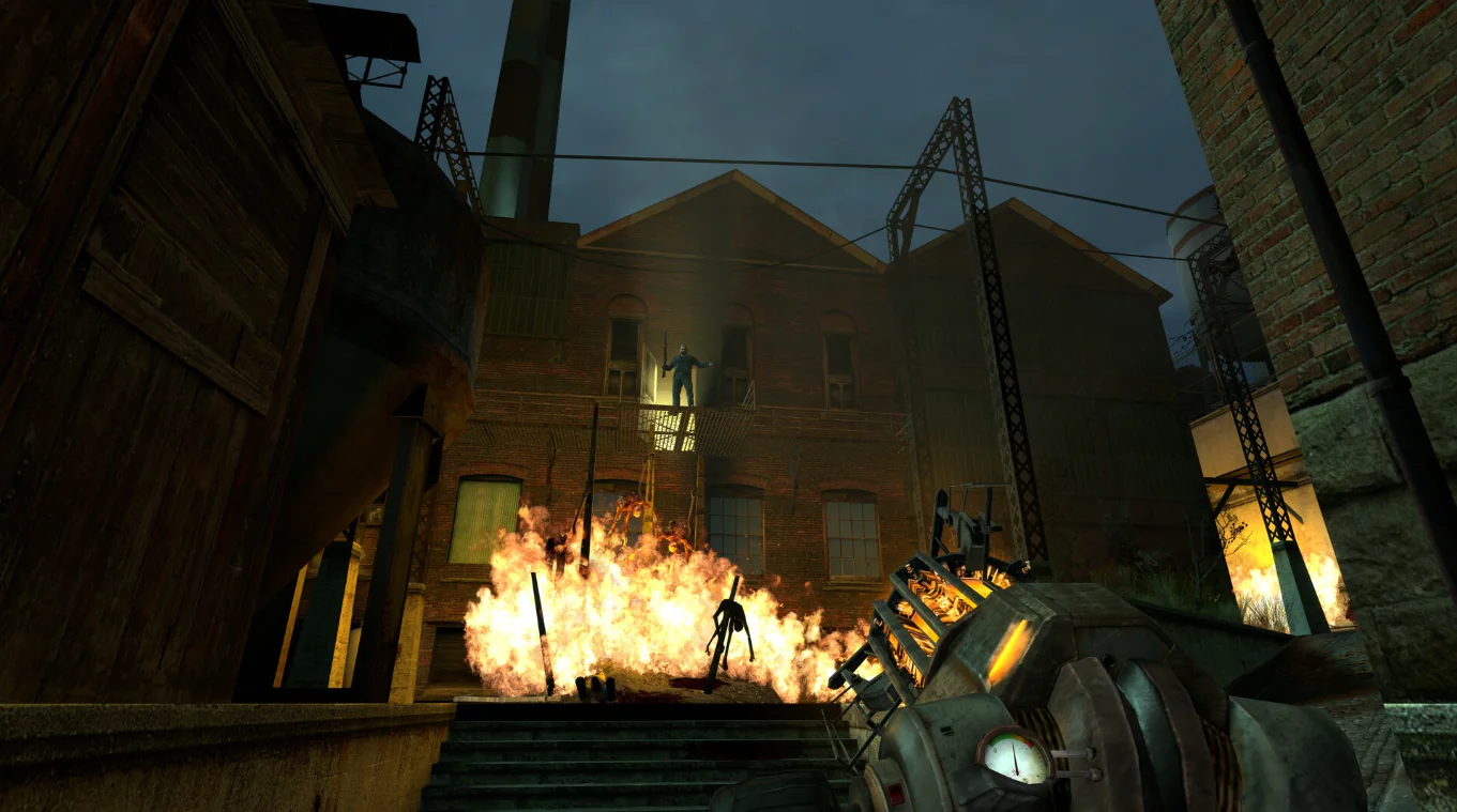 Half-Life 2 house on fire and man with shotgun